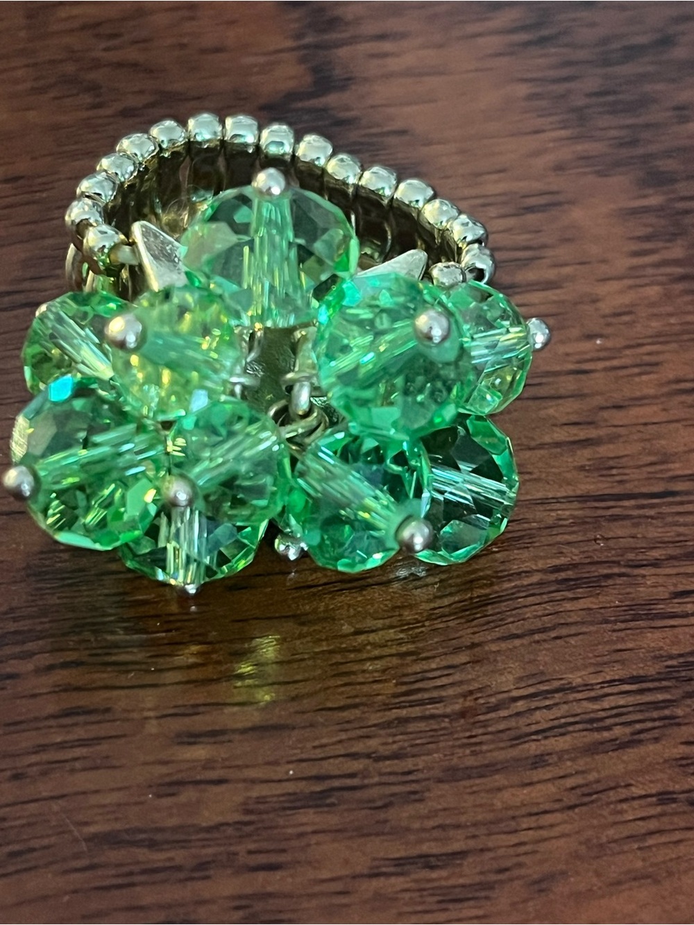 Green Crystal Flower Stretch Ring - Women's Jewelry